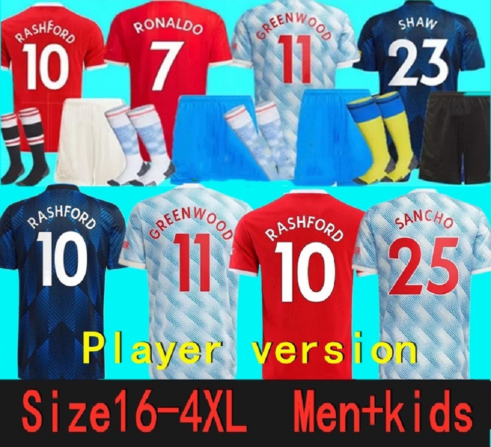 

RONALDO 2021 2022 RASHFORD MANCHESTER SANCHO soccer jersey UNITED Fans Player version MAN B.FERNANDES POGBA football shirt UTD 21 22 CAVANI R.VARANE Adults and kids, 21-22 home