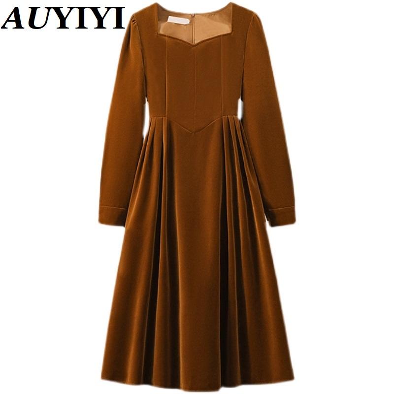 

Casual Dresses AUYIYI 2021 Autumn And Winter Velvet Dress Fashion Elegant Temperament Waist Evening Light Luxury, Black
