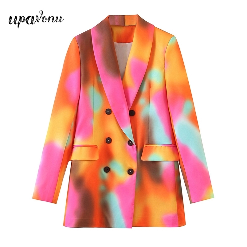 

Free Women' Contrasting Color Tie-Dye Blazer Elegant Lapel Long Sleeve Double Breasted Fashion 210524, Mint
