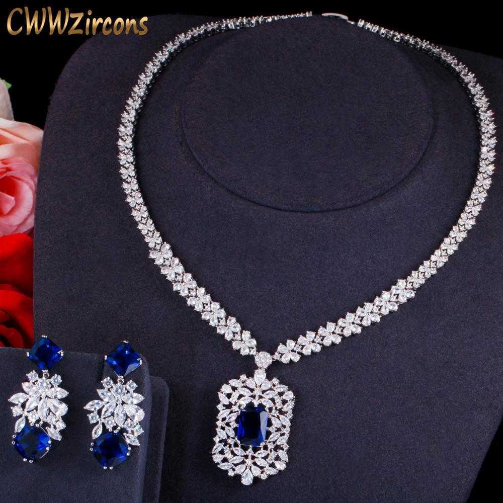 

Shiny White Gold Color Royal Blue CZ Stone Women Luxury Wedding Necklace and Earrings Jewelry Set for Brides T495 210714