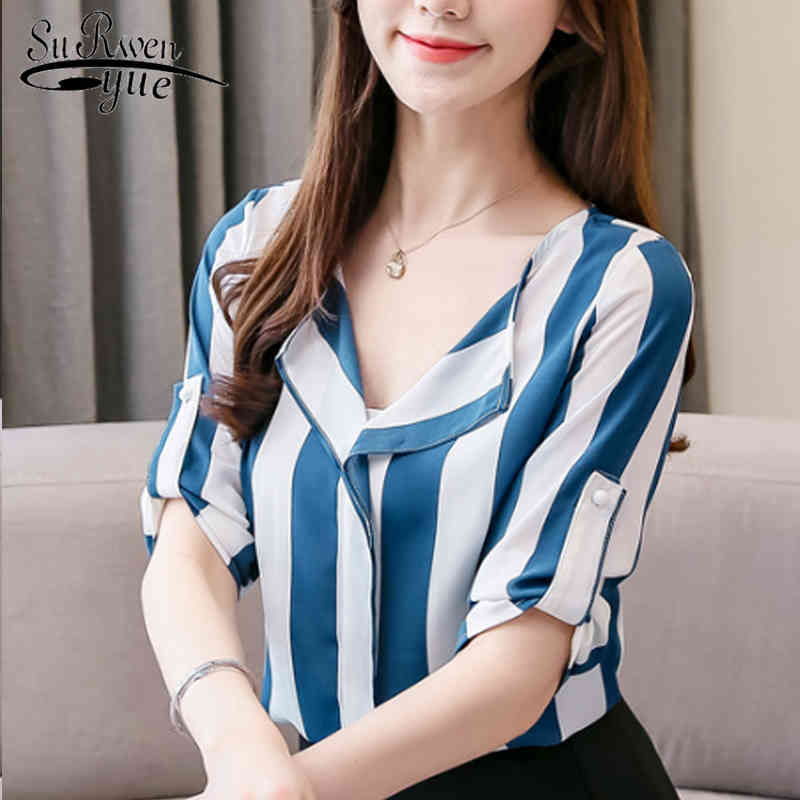 

summer fashion V collar women blouse blusas mujer de moda top Five-point sleeve striped 4531 50 210521, Blue