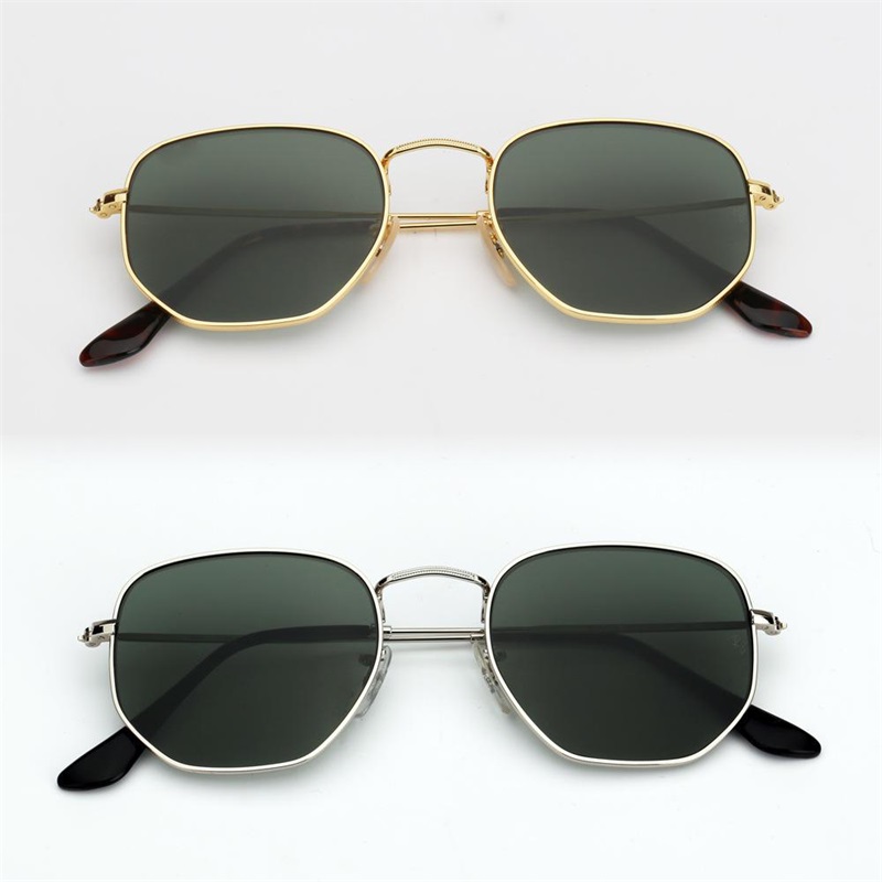 

Womens Designer Sunglasses 3548 Hexagonal Metal Sun Glasses Flat Glass Lenses 11 Colors with Box and Packages Everything RB3548, White;black