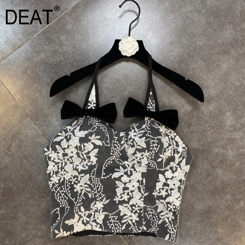 

Summer Sexy Design Sleeveless Halter Print Floral Bow Embroidery Tank Tops Women Vintage HR477 210525, Figure color