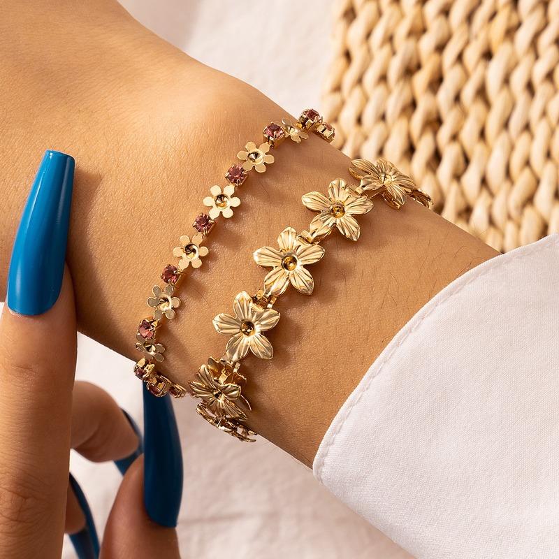 Charm Bracelets Jewelry Versatile Temperament Diamond Inlaid Flower Women's Bracelet 2-piece Set Paired For Couples Fashion-image-722028003