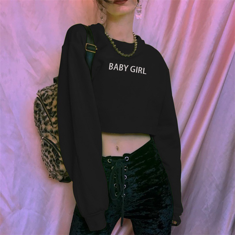

Printed Long Sleeve Round Neck Black Pullover Crop Sweatshirt, White