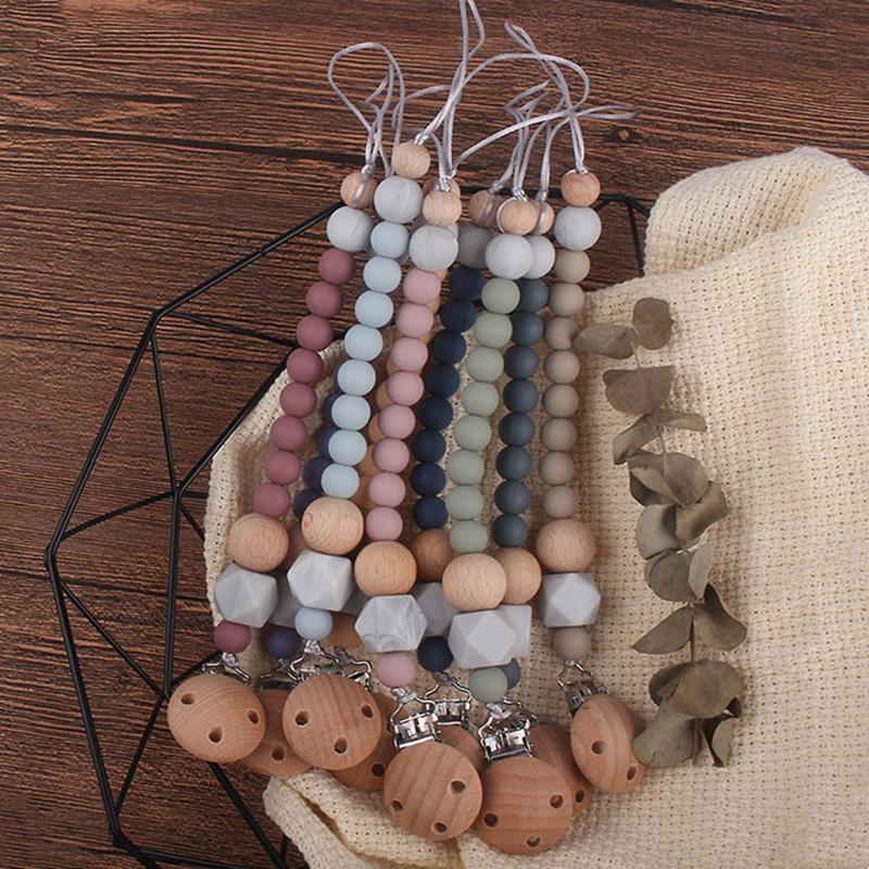 

Pacifiers# Safety Wooden Teether Baby Infant Toddler Dummy Pacifier Silicone Soother Nipple Clip Chain Holder Strap Chew Toy