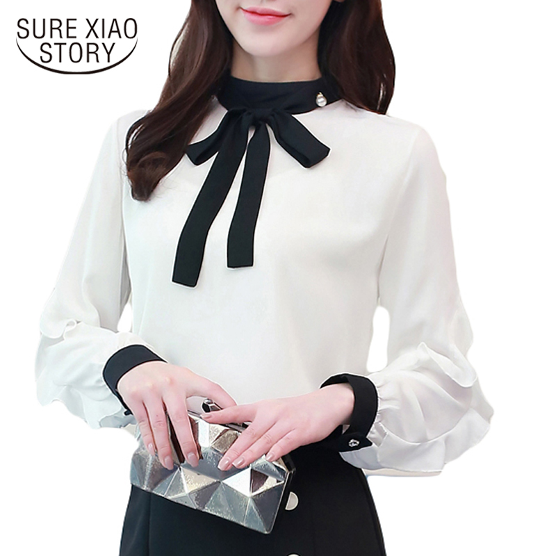 

spring fashion chiffon shirts women tops long sleeved blouses office lady style bow female elegant d371 30 210521, White