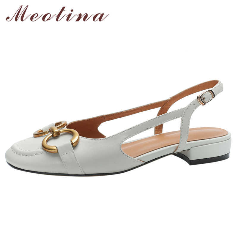 

Meotina Shoes Women Genuine Leather Sandals Metal Decoration Low Heel Sandals Thick Heel Round Toe Ladies Footwear Summer Brown 210608