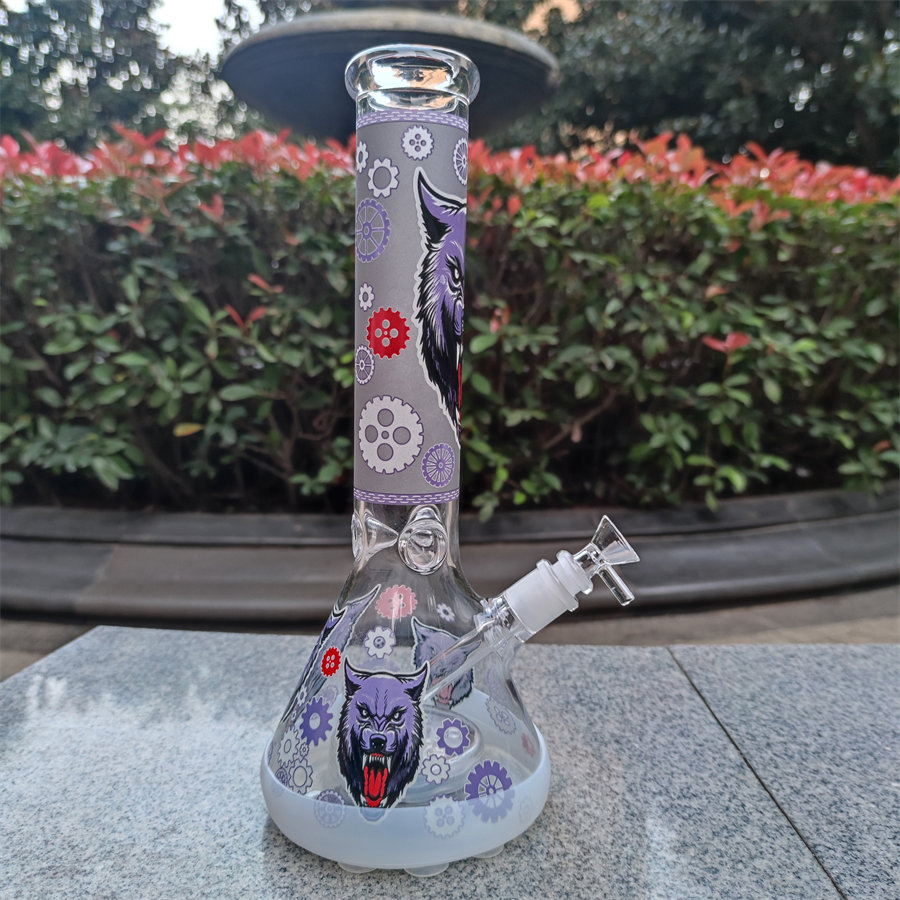 

14 Inch 35CM Glow In the Dark Wolf Theme 7 Pieces In 1 LED Light Remote Control Glass Beaker Bong Halloween Hookah Water Pipe Bottles Dab Rig