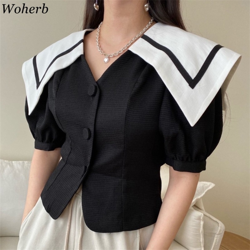 

Sailor Collar Women Blouses Short Puff Sleeve Summer Blusas Vintage Korean Single Breasted Slim Waist Fashion Tops 210519, Black