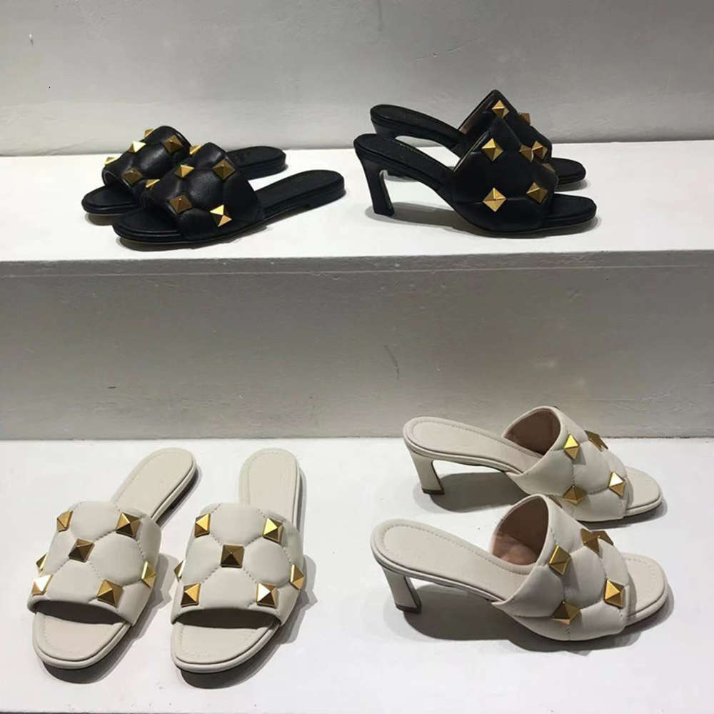 

Women Stud Slide Slippers quilted Nappa Mules Shoes 6.5cm High Heels Flat Slipper Sheepskin Beach Sandals Top Quality 269, Color 2