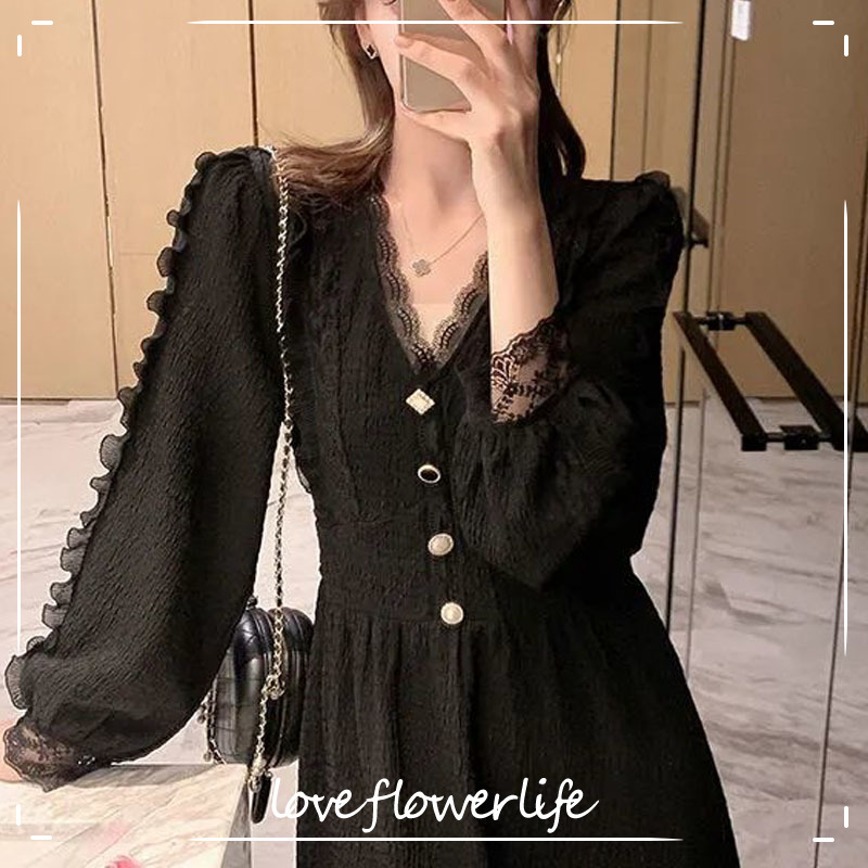 

Summer Lace Black Dress Women Long Sleeve Button V-neck Office Lady Vintage Midi Dress Female Gothic Dress Korean 210521, Apricot