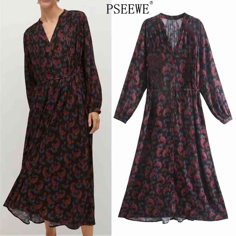 

Vintage Black Printed Long Dress Women Belt Tied Puff Sleeve Midi Woman V Neck Gothic Casual es 210519