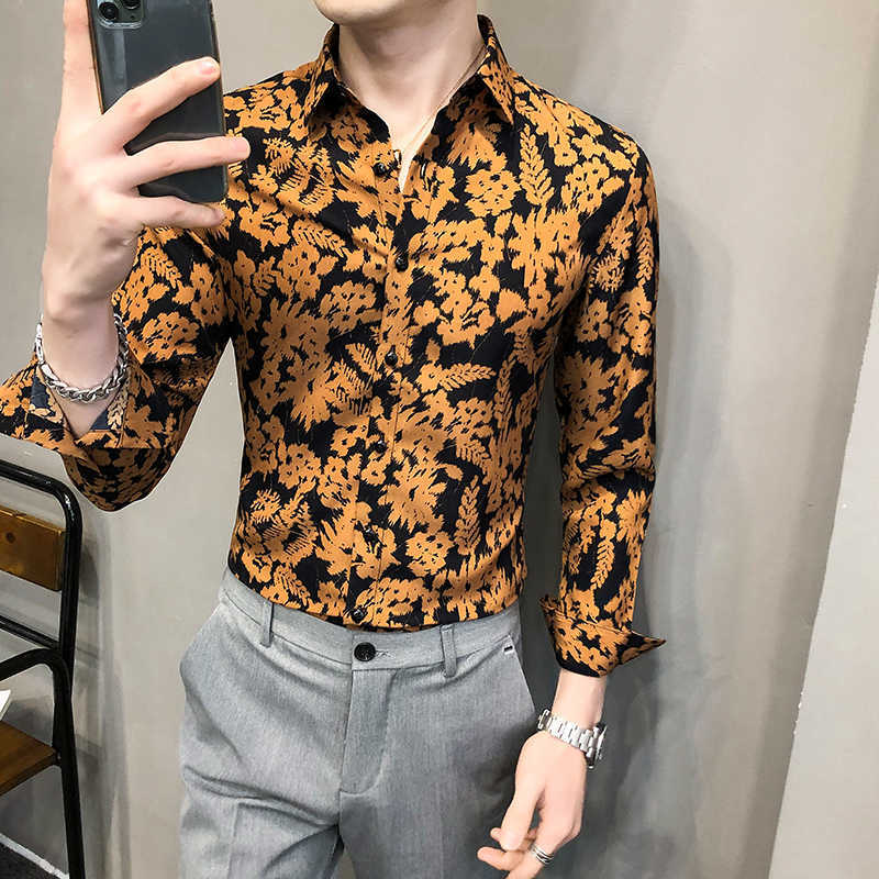 

Spring Floral Shirts Men Long Sleeve Slim Streetwear Chemise Homme Social Party Nightclub Casual Blouse Camisa Masculina 210527, Gold