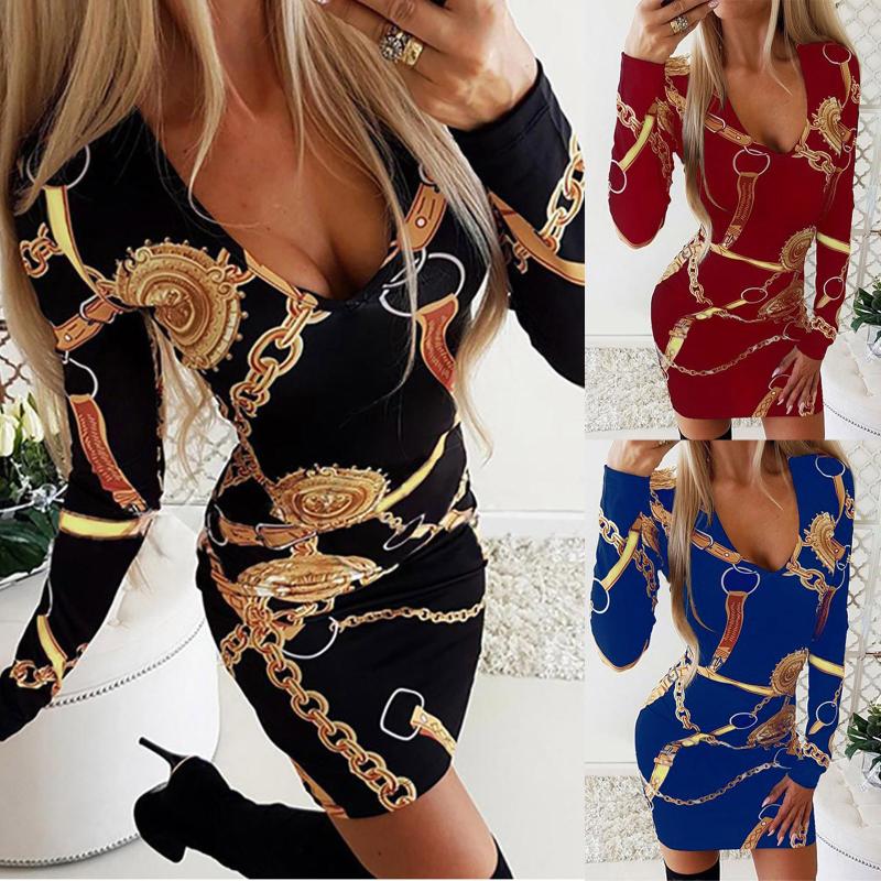 

Casual Dresses Chain Print Mini Dress Women Long Sleeve Deep V Neck Sexy Nightclub Lace Floral Midi Bodycons Robe Lady Party Vestidos, Black;gray