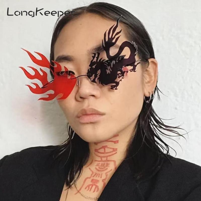 

Sunglasses LongKeeper 2021 Unique Rimless Party Women Fashion Fire Flame Men Frameless Funny Sun Glasses For Female Shades1