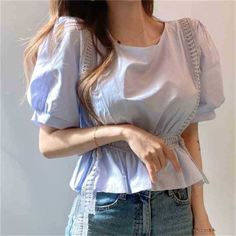 

Korean Office Lady High Street Prom Slim Summer Girls Sweet Femme Chic Blouses Quality Short Shirts 210525, Blue