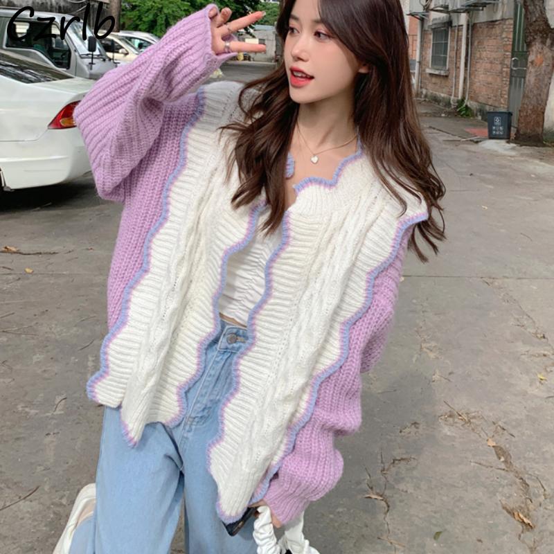 

Women's Knits & Tees Sweater Cardigan Women Sweet Elegant Students Autumn All-match Patchwork Leisure Simple Chic Korean Style Loose Daily T, Purple