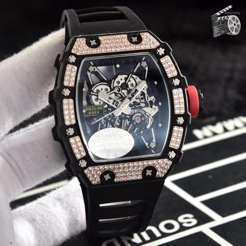 Montres-bracelets Hommes Automatique Mécanique Argent Rose Diamants Diamants Bezel Rouge Noir Caoutchouc Squelette Montre Carbon Fibre Limited
