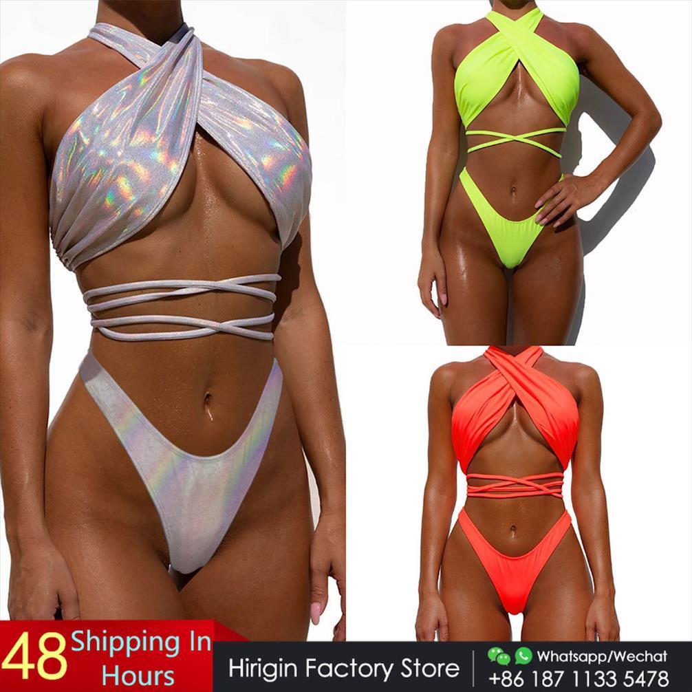 

Cossbody Bandage Two Piece Swuit Women Swimwears Sequins Halter Thong Bikini Set Padded Swimsuit Bathing Suit, White;black