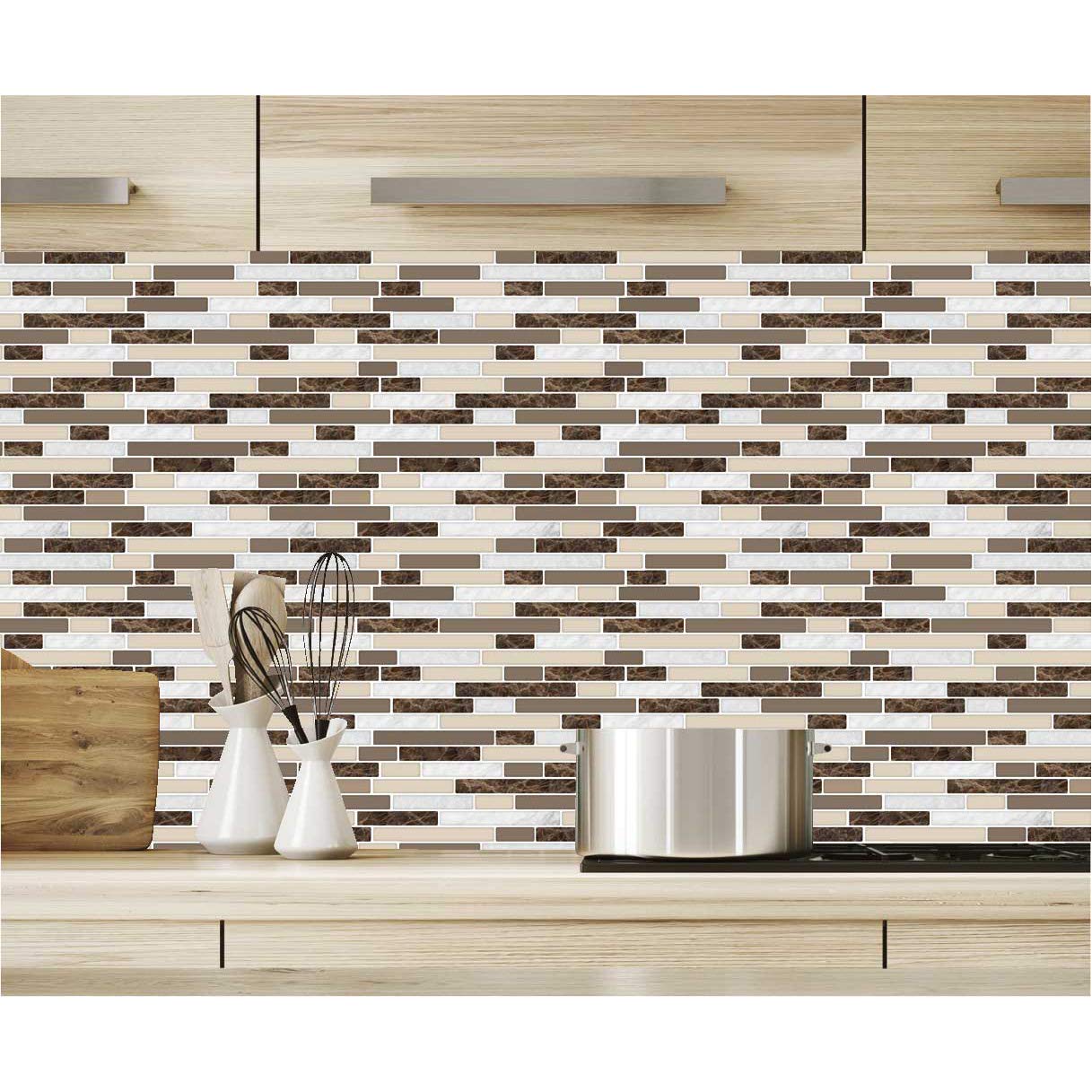 Art3d 10- Piece Stick on Backsplash Tile Wallpaper Waterproof Self-adhesive Oil-proof Vinyl Wall Stickers for Kitchen Bathroom 12" x 12 Brown T