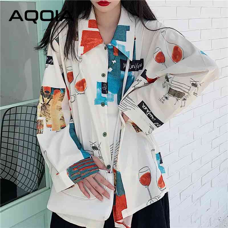 

Spring Korean style Long Sleeve Women Blouse Shirt print Loose Oversize Tunic Ladies Turn Down Collar Female Clothing 210521, White t shirt
