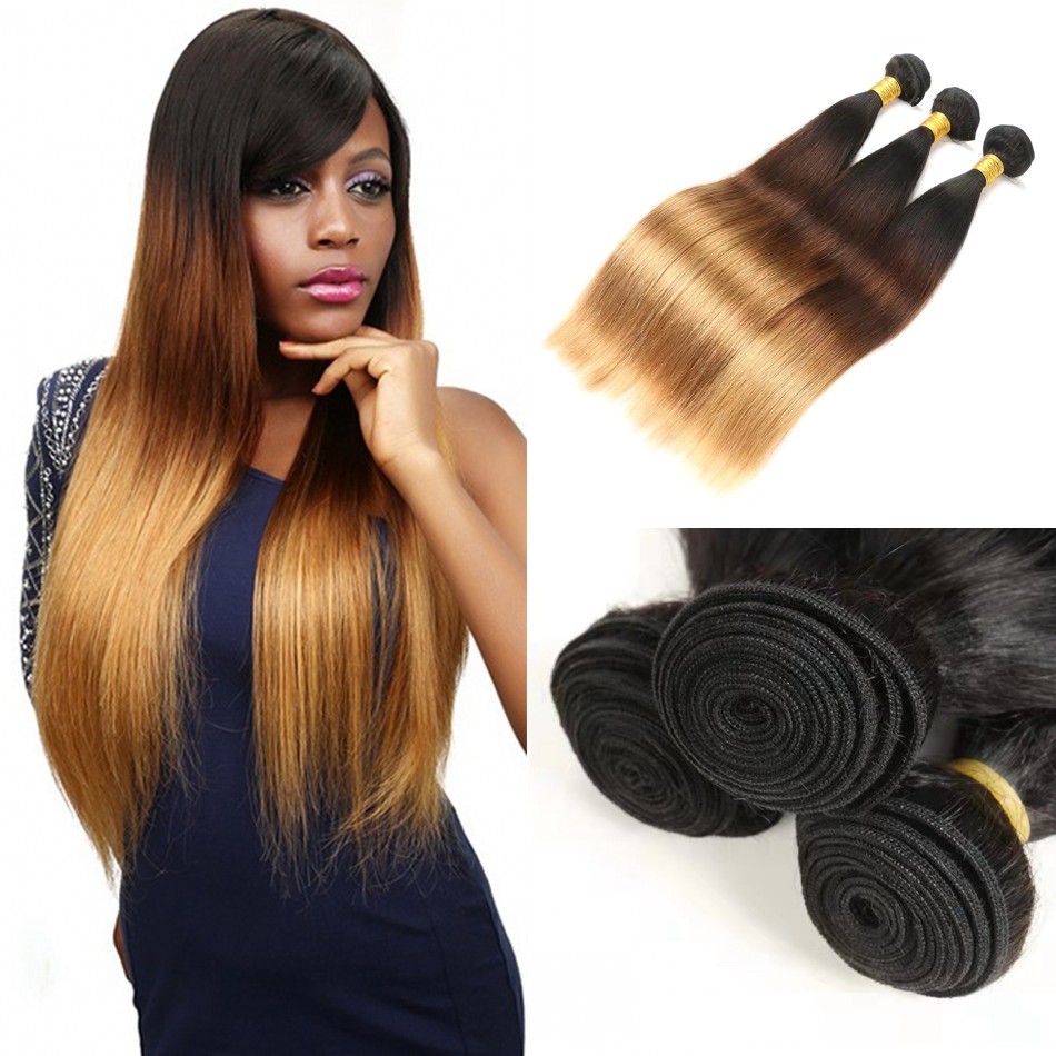 

Ombre Brazilian Weave Bundle 1b/4/27 Blonde Straight Non-remy Human Hair 3/4 Bundles Extensions