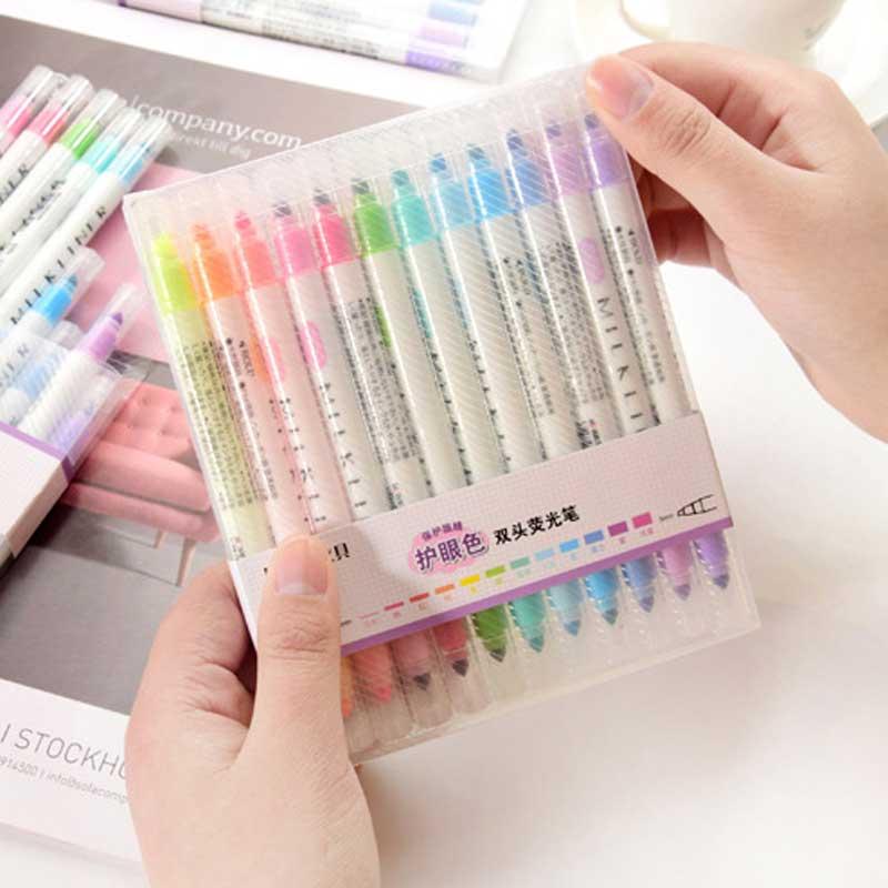 

Highlighters Cute 12 Colors Milk Liner Pens Highlighter Dual Double Headed Fluorescent Pen Art Drawing Marker Stationery School Supply