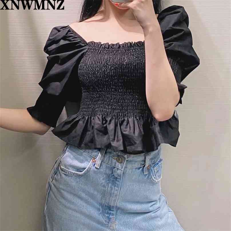 

Black Autumn Winter Fashion Women Short Blouse puff Sleeves Square Collar Korean Sexy Shirt Office Lady Vintage 210520