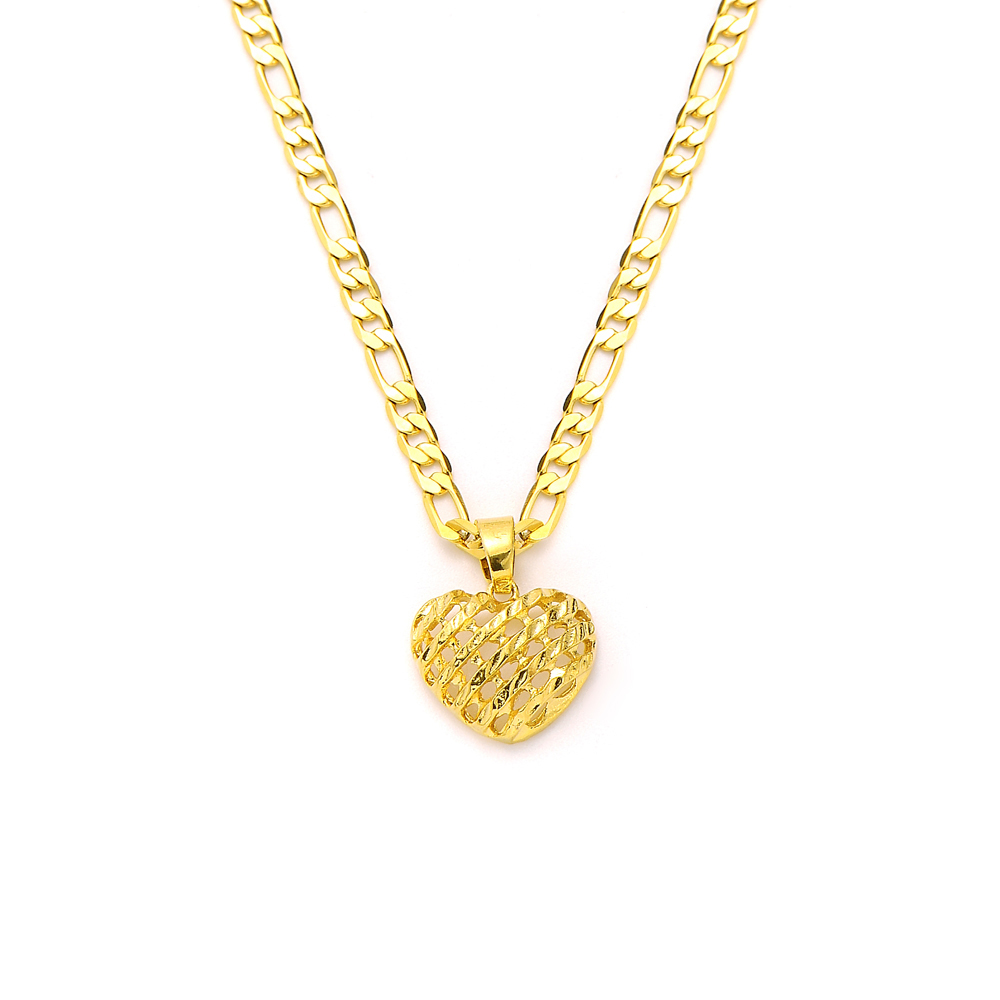 

Reseau Spacing Heart Pendant 14k Solid Yellow Gold GF Italian Figaro Link Chain Necklace 24" 3 mm Womens