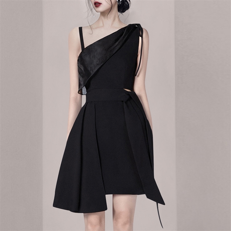 

Fashion Lady Black Summer Dress Women Elegant Sexy Off Shoulder Spaghetti Strap Asymmetical Vestidos 210520, Photo color