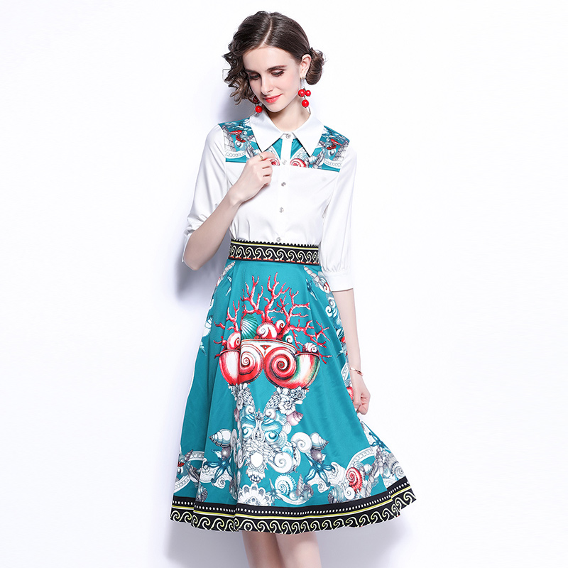 

Fashion Girl Sets Shirt+skirt Printed Lapel OL Summer Autumn Two Piece Set High End Trendy Lady Blouse Skirt Suits, White