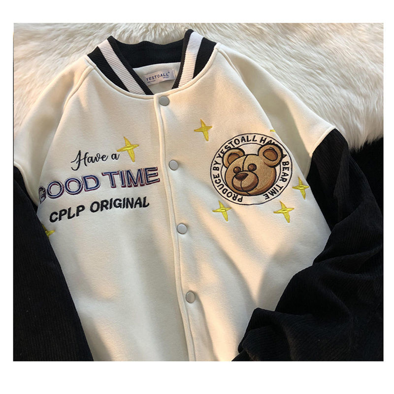 

men's hoodies & sweatshirts wild bear retro jacket embroidered, loose couple, fall, baseball uniform, sweater, women's , trendy lk, Black