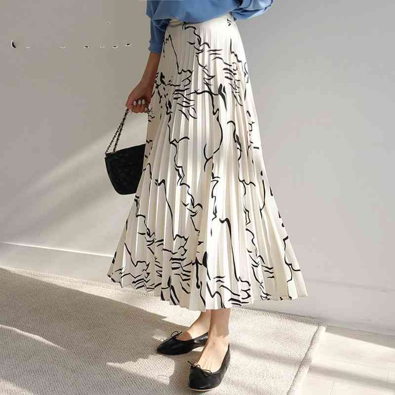 

High Waisted Skirts Women Chiffon Pleated for Print Ankle-length Female Long Line Graffiti Loose 210603, Rice white