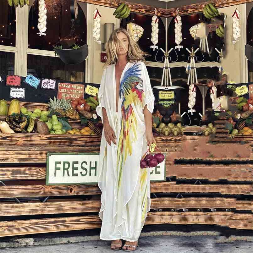 

Boho Parrot Printed Bikini Cover-ups White Chiffon Tunic Plus Size Long Kimono Women Beach Wear Swim Suit Cover Up A875 210722