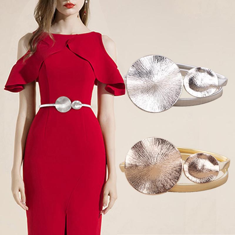 

Belts Fashion Waist Belt Metal Silver Gold Stretch Skinny For Women Elastic Round Buckle Girl Ladies Woman Dress