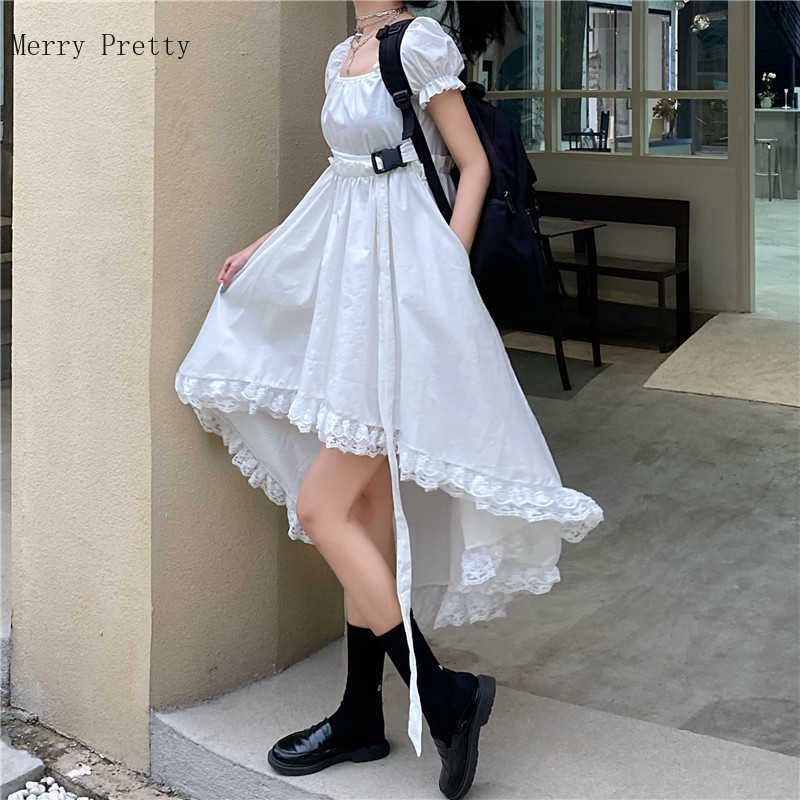 

Merry Pretty Harajuku Summer Women Asymmetrical Dress White Black Gothic Pocket Puff Sleeve Lace Ruffles Belt Lolita 210526