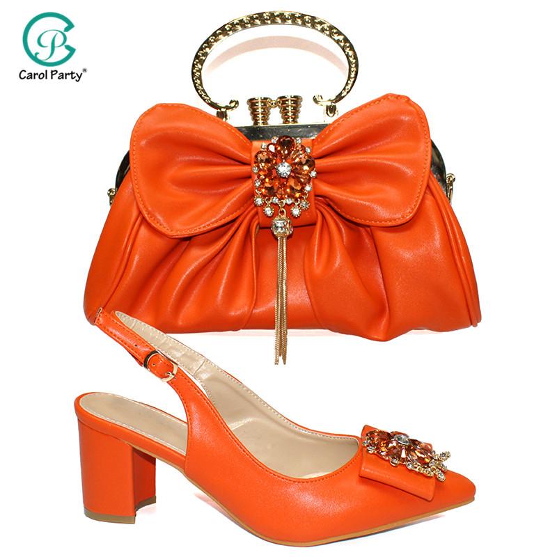 

Dress Shoes Arrival Italian Design Orange Color African Women Matching And Bag Set Decorated With Rhinestone Ladies Shoe, Black