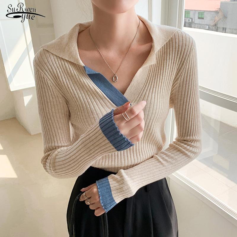 

Women's Sweaters Autumn Chic Patchwork Fashion Sweater Knitted Pullover Women V Neck Elegant Collar Slim Soft Tops Pull 17766, White;black