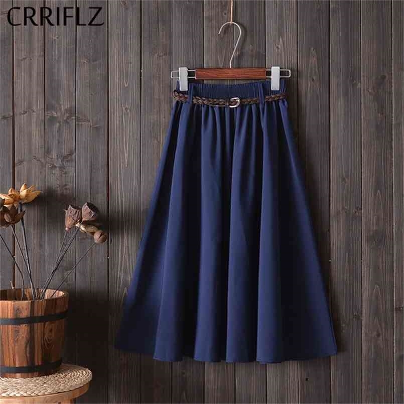 

CRRIFLZ Midi Knee Length Summer Skirt Women With Belt Fashion Korean Ladies High Waist Pleated A-line School Female 210708, Green