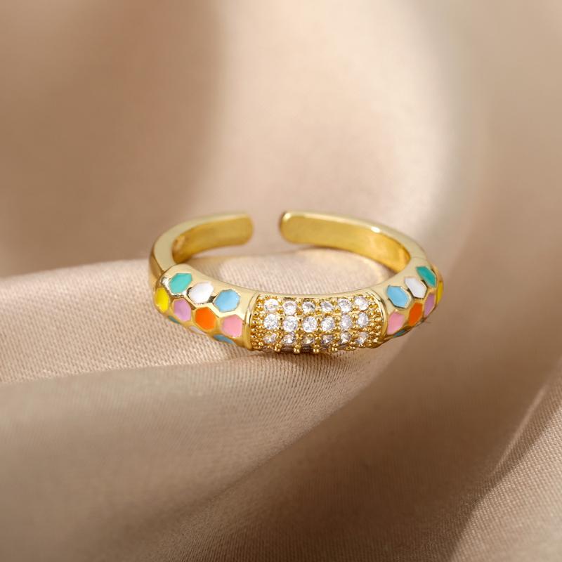 

Cluster Rings Simple Adjustable Open For Women Fashion Gold Color Zircon Rainbow Fine Party Gift Wedding Jewelry Bijoux Femme, Golden;silver