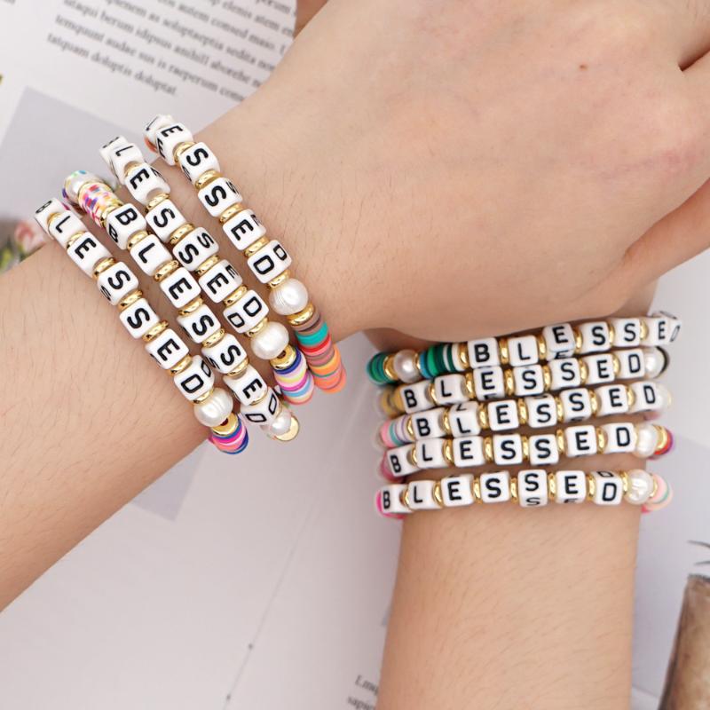 

Charm Bracelets 2021 Trendy Summer Fashion Beach Imitation Pearl Colorul Soft Pottery Letter Bracelet For Women Girls Party Jewelry Gifts, Golden;silver