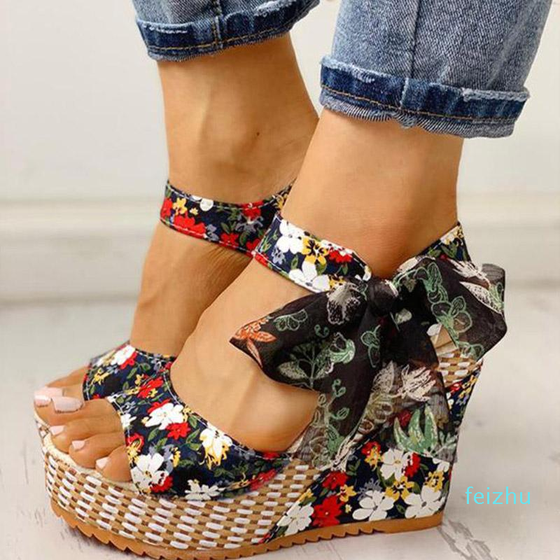 

Sandals Women Dot Bowknot Design Platform Wedge Female Casual High Increas Shoes Ladies Fashion Ankle Strap Open Toe, Strawberry