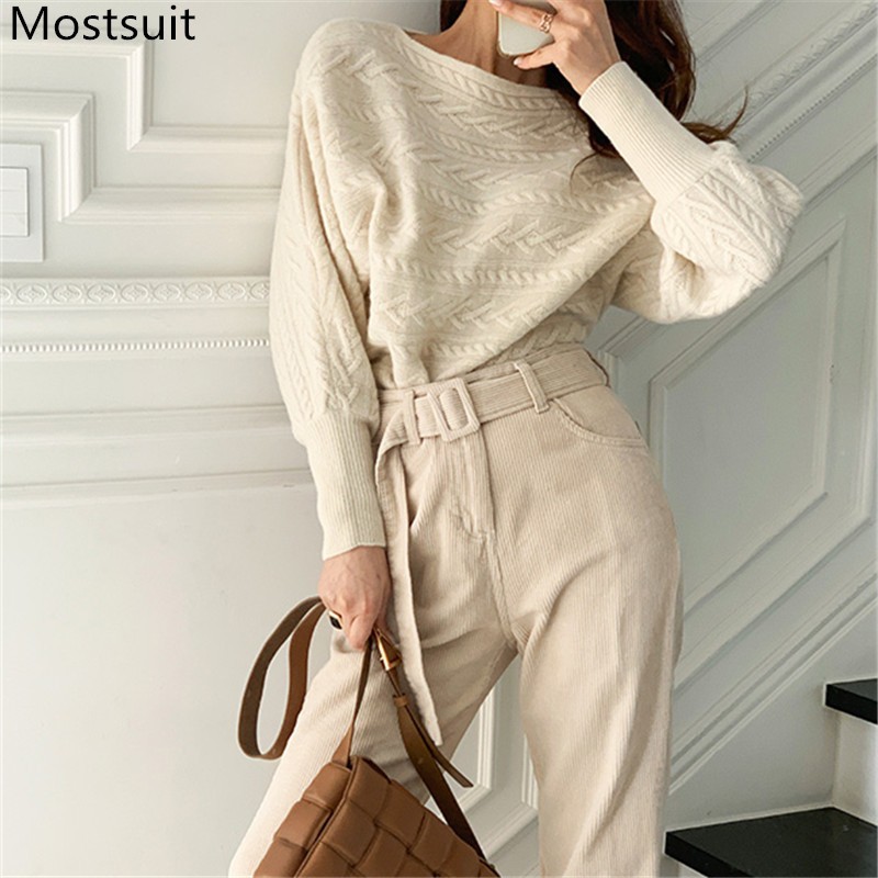 

Korean Fashion Women Sets Sweater + High Waist Pants Suits Office Elegant Ladies Female Two Piece Femme Spring Autumn 210518, Picture color