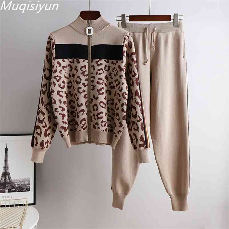 

Tracksuit Women Leopard Knit Cardigan Tops+Pants Suit 2PCS Sets Long Sleeve Jacket Coat Woman Casual Sweater Trousers Suits 210519, Navy blue
