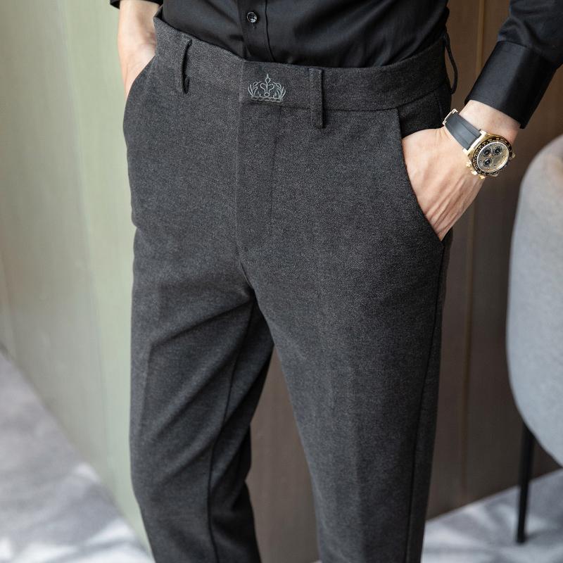 

Men's Suits & Blazers Woolen Casual Pants Autumn And Winter Thick Small Trousers Urban Business Simple Embroidered Long, Gray