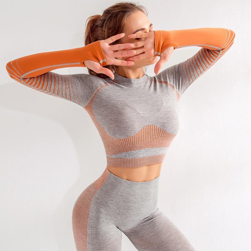 

Yoga Outfit Sports Top Seamless Fitness Crop Women' Clothes Long Sleeve Exercise Gym Running, Orange sports top