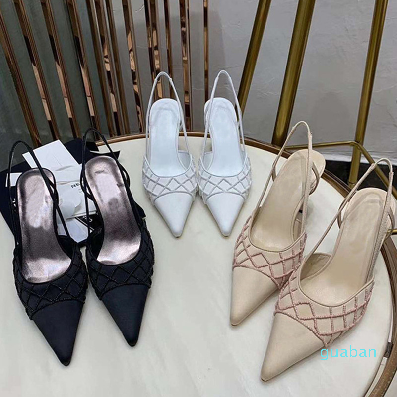 

2021 7cm High heels Diamond beaded pointy French Sandals Silk Rose Gold Nude white black stilettos rhinestone sandal women summer thin 6110
