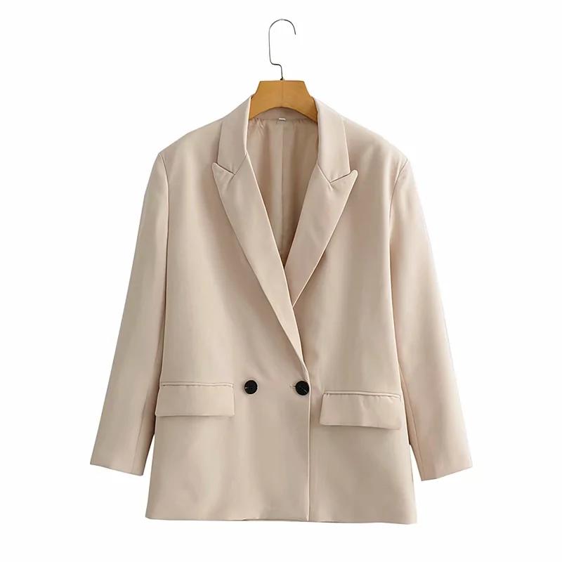 

French Retro Spring 2021 Women's Loose Straight Tube Two Button V-neck Double Breasted Apricot Blazer A Suit Suits & Blazers