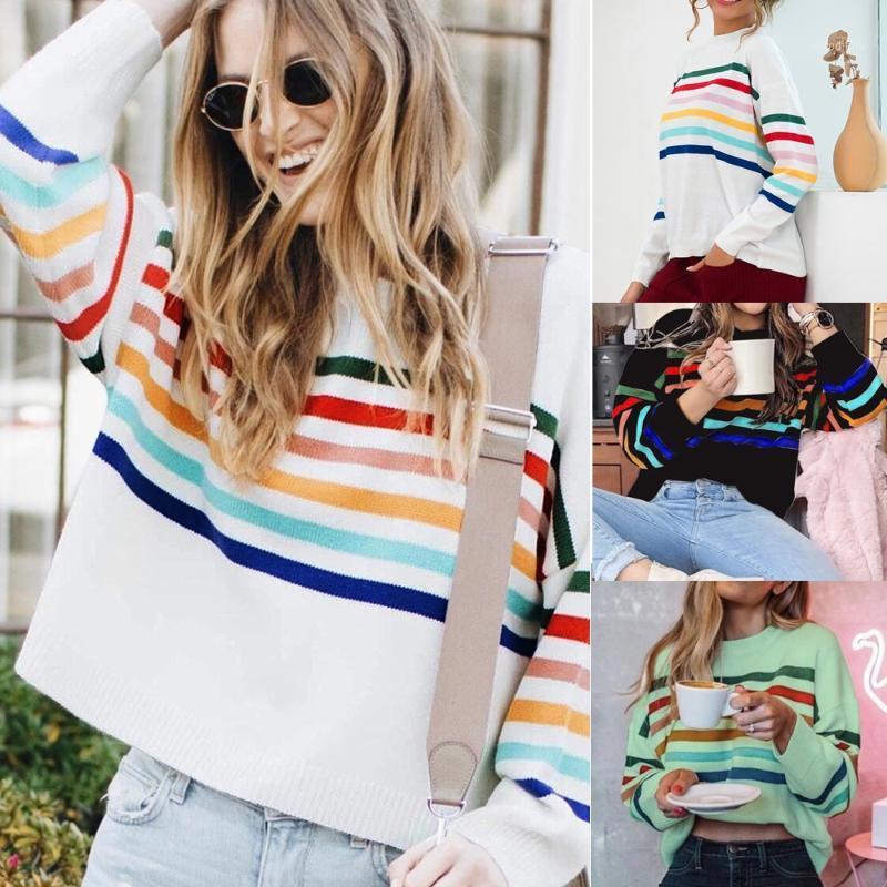 

Women's Sweaters Plus Size Women Knitted Sweater Fashion Long Sleeve Rainbow Patchwork Ladies Pullover Sueter Mujer Invierno 2021, White;black